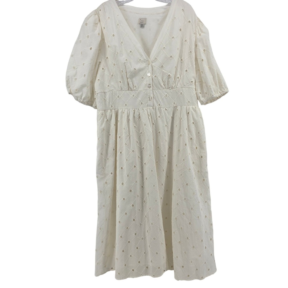 A New Day Eyelet Midi Dress XXL White Puff Sleeve Cotton Cottagecore Boho